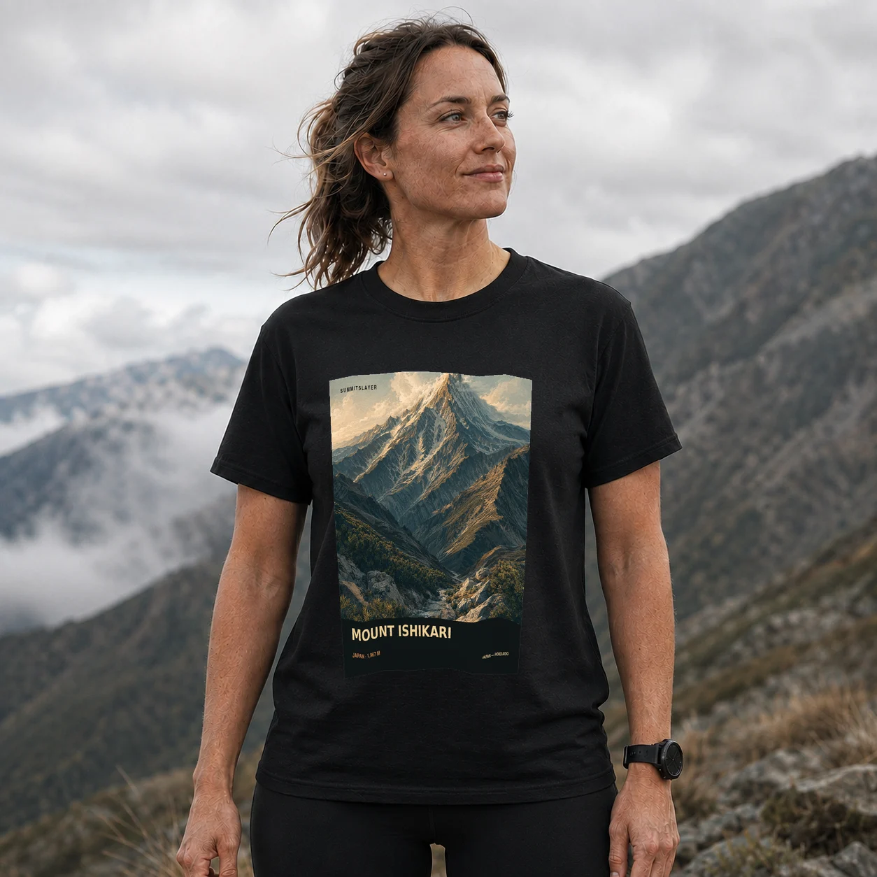 Black Ishikari Dake T-shirt front with mountain artwork