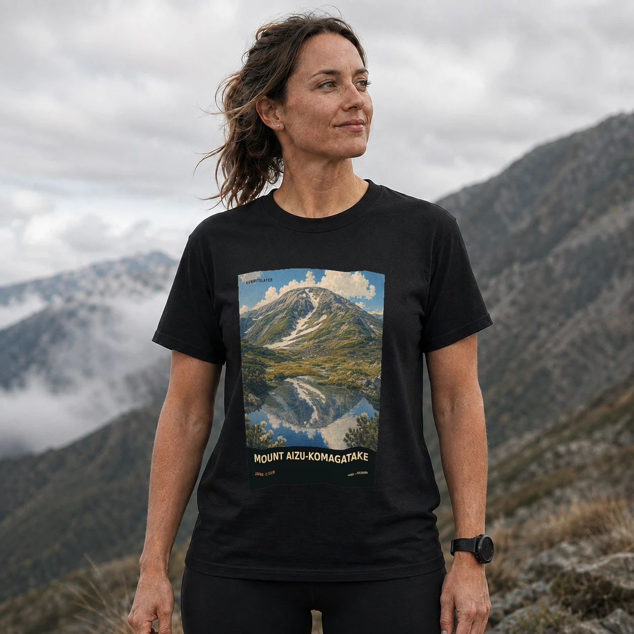 Black Komaga Dake T-shirt front with mountain artwork