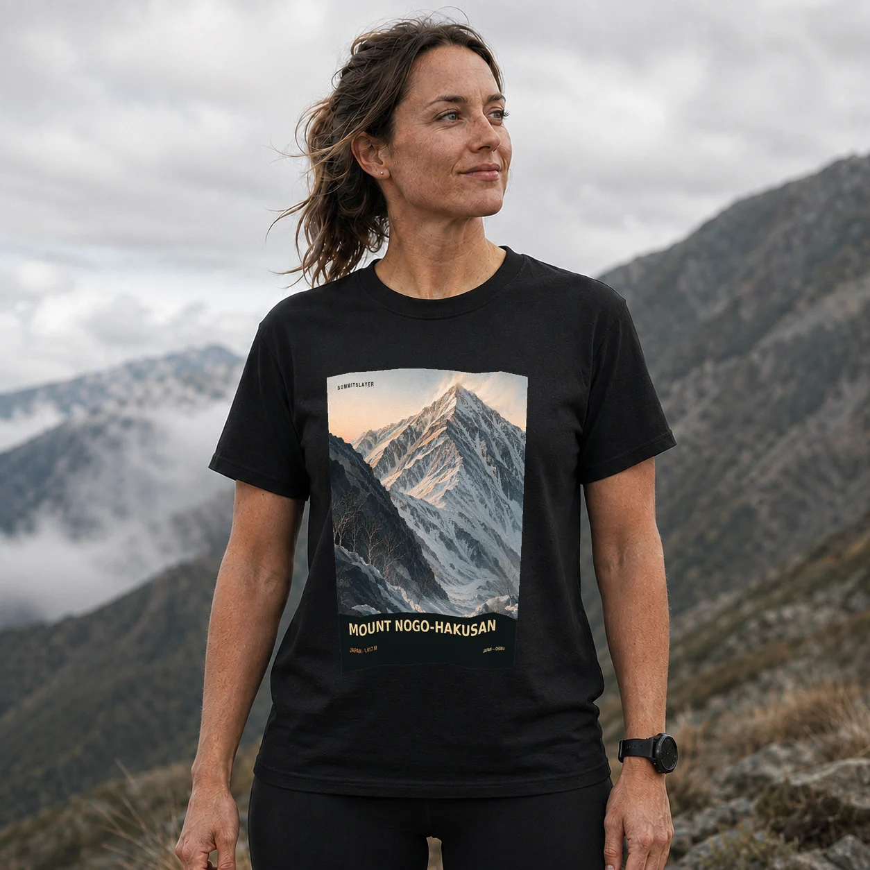 Black Nougohaku-san T-shirt front with mountain artwork