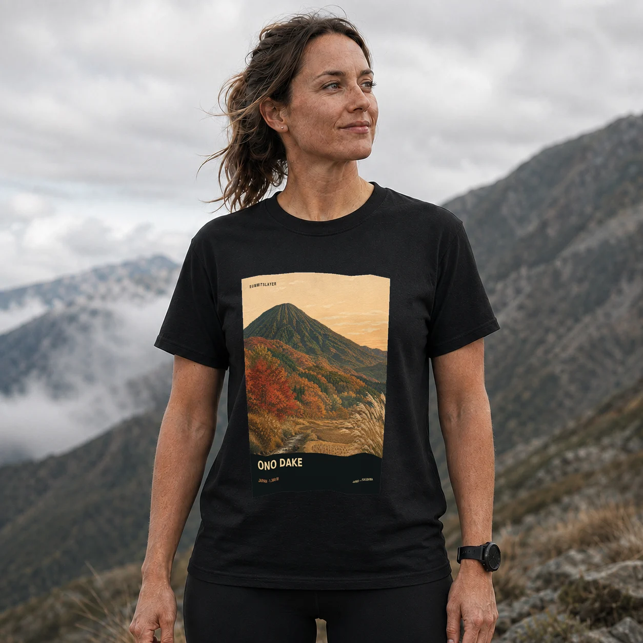 Black Ono Dake T-shirt front with mountain artwork