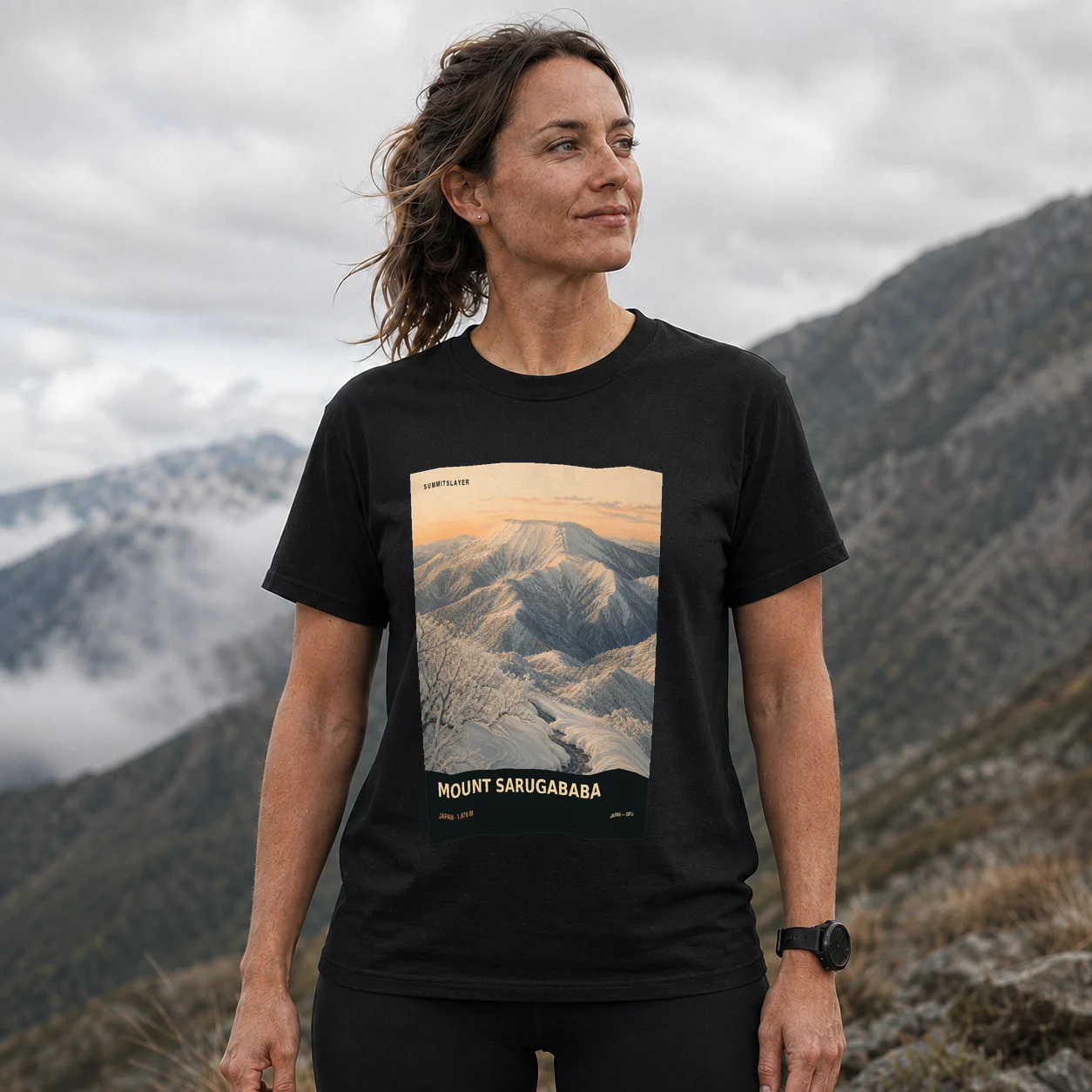 Black Sarugabamba-yama T-shirt front with mountain artwork