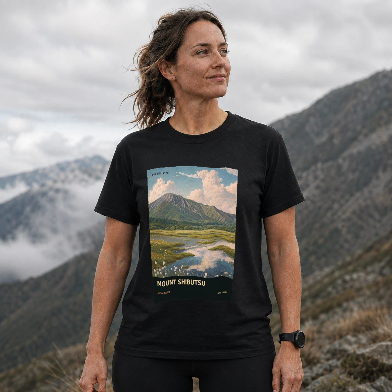 Black Shibutsu San T-shirt front with mountain artwork