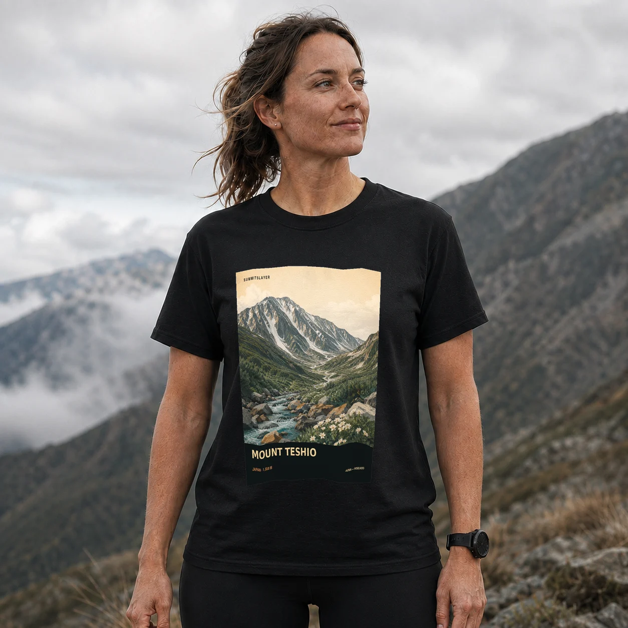 Black Teshio-dake T-shirt front with mountain artwork