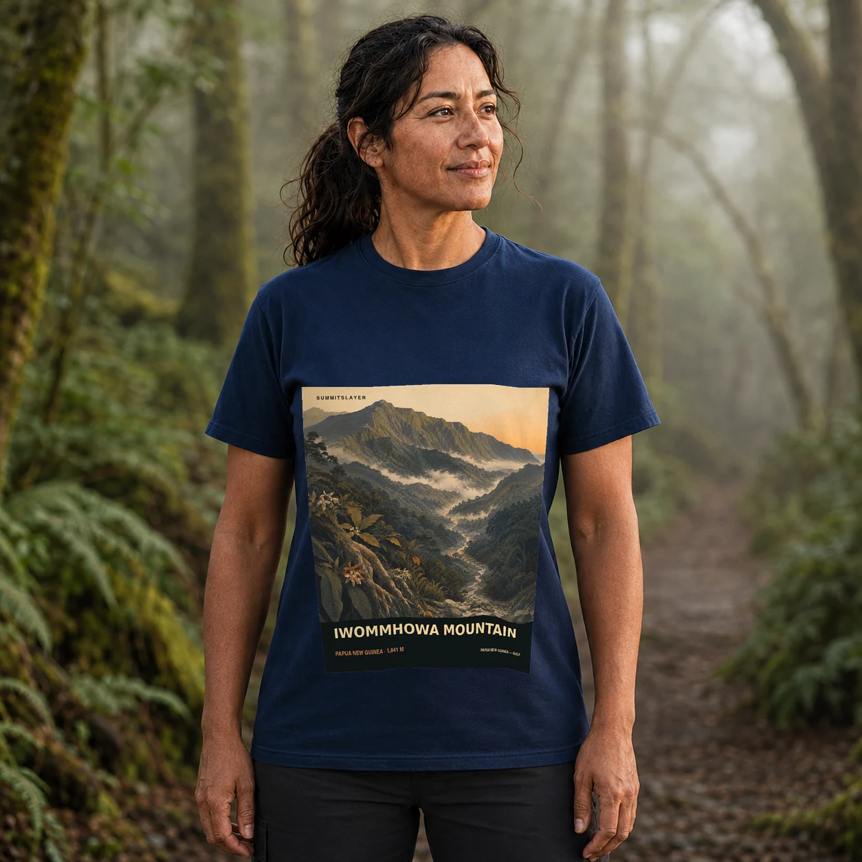 Navy Iwommhowa Mountain T-shirt front with mountain artwork