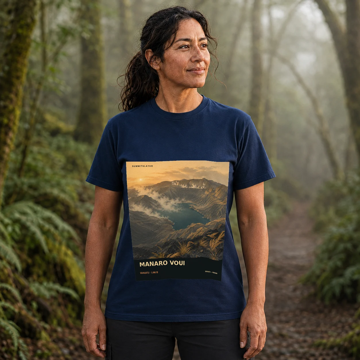 Navy Manaro T-shirt front with mountain artwork