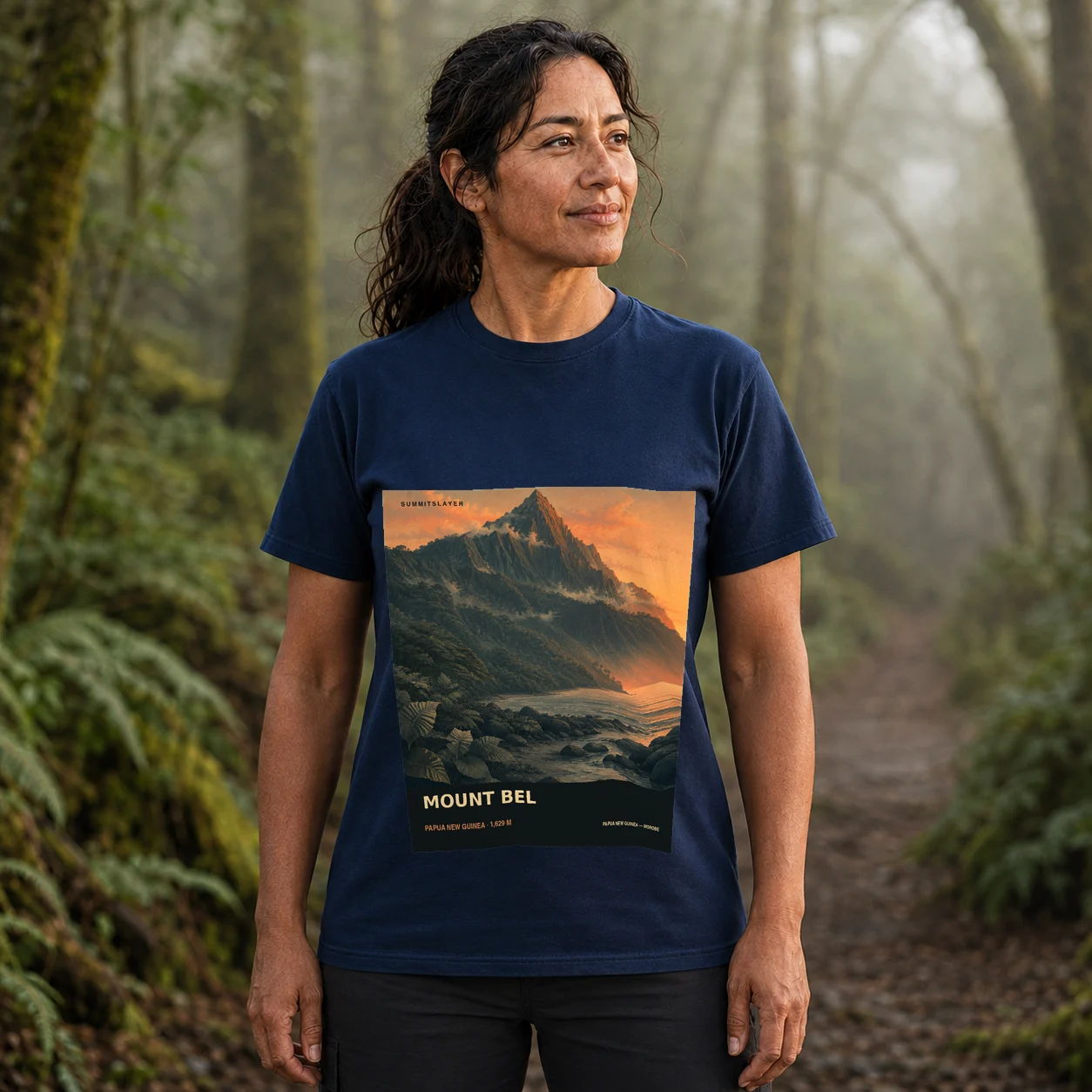Navy Mount Bel T-shirt front with mountain artwork