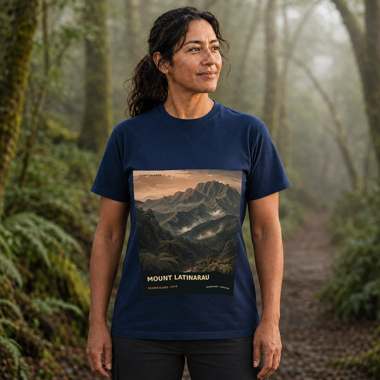 Navy Mount Latinarau T-shirt front with mountain artwork