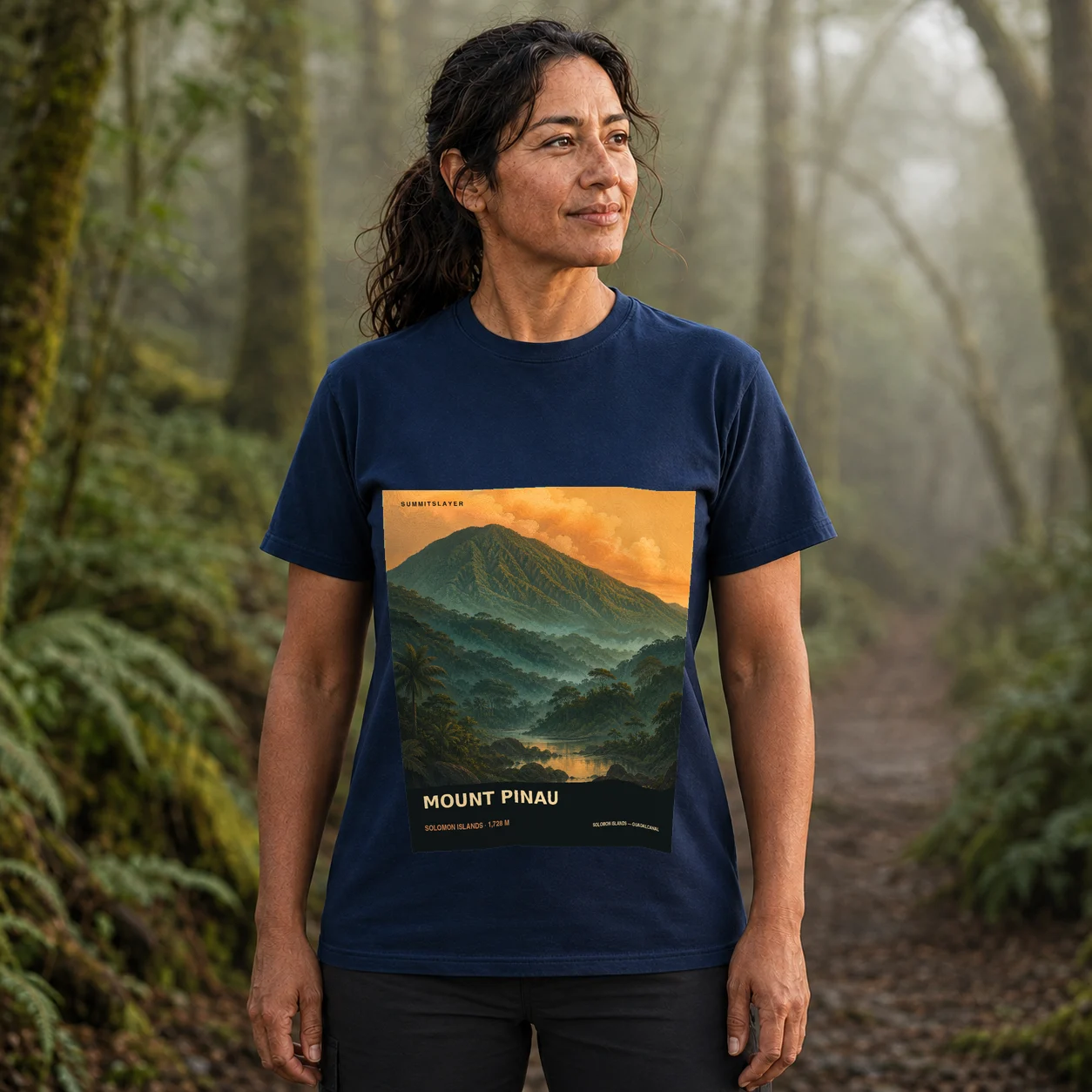 Navy Mount Pinau T-shirt front with mountain artwork