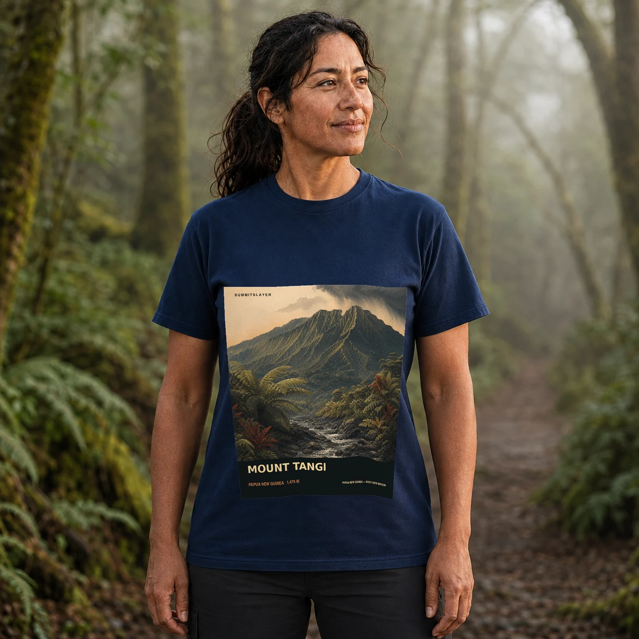 Navy Mount Tangi T-shirt front with mountain artwork
