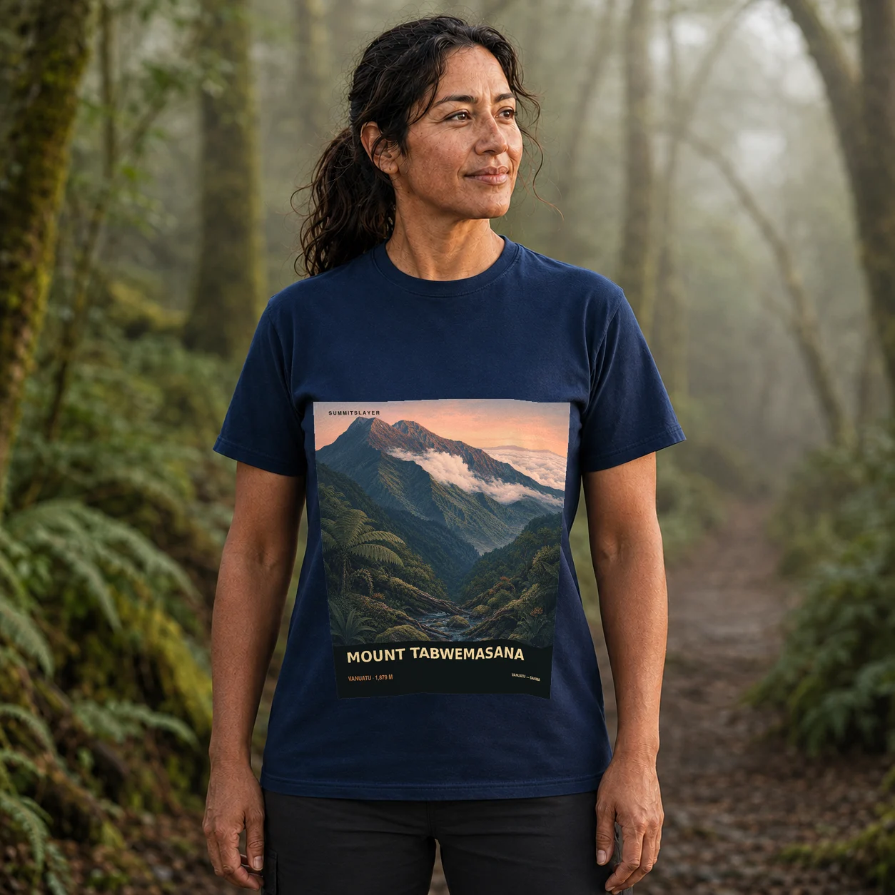 Navy Tabwémasana T-shirt front with mountain artwork