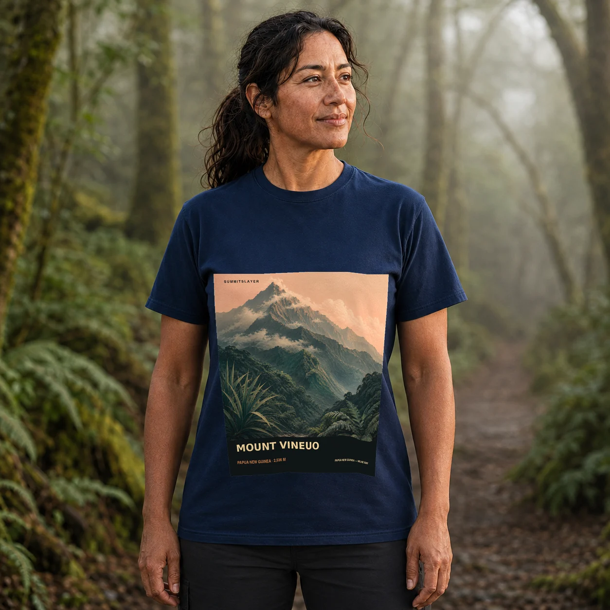 Navy Vineuo T-shirt front with mountain artwork
