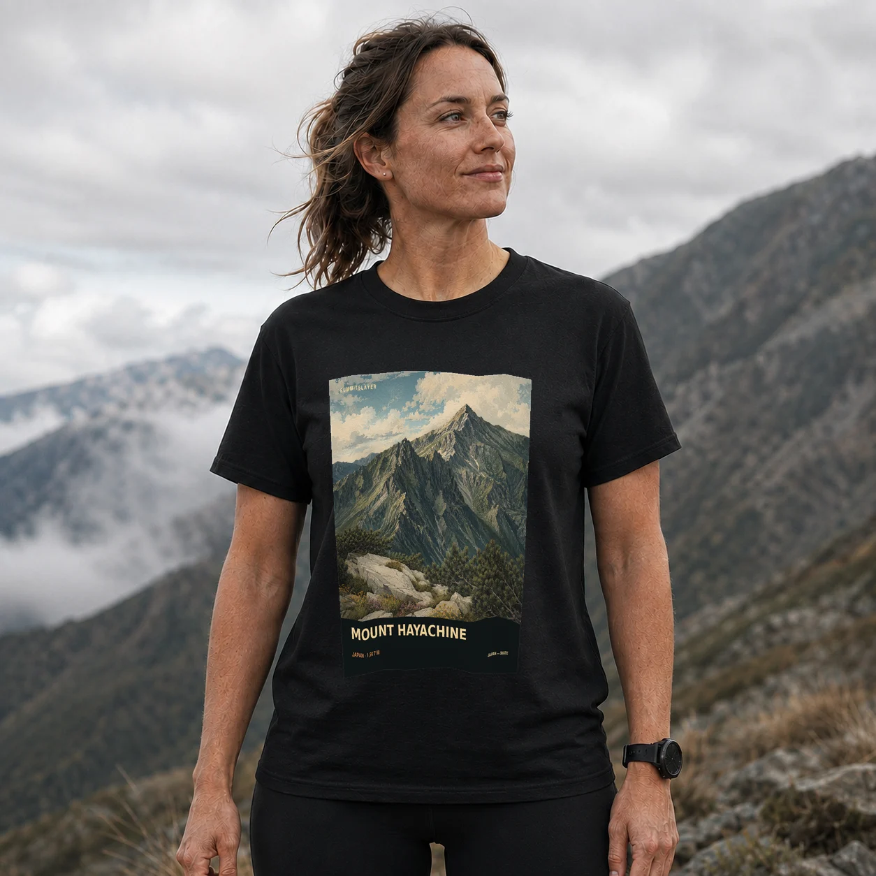 Black Hayachine-san T-shirt front with mountain artwork