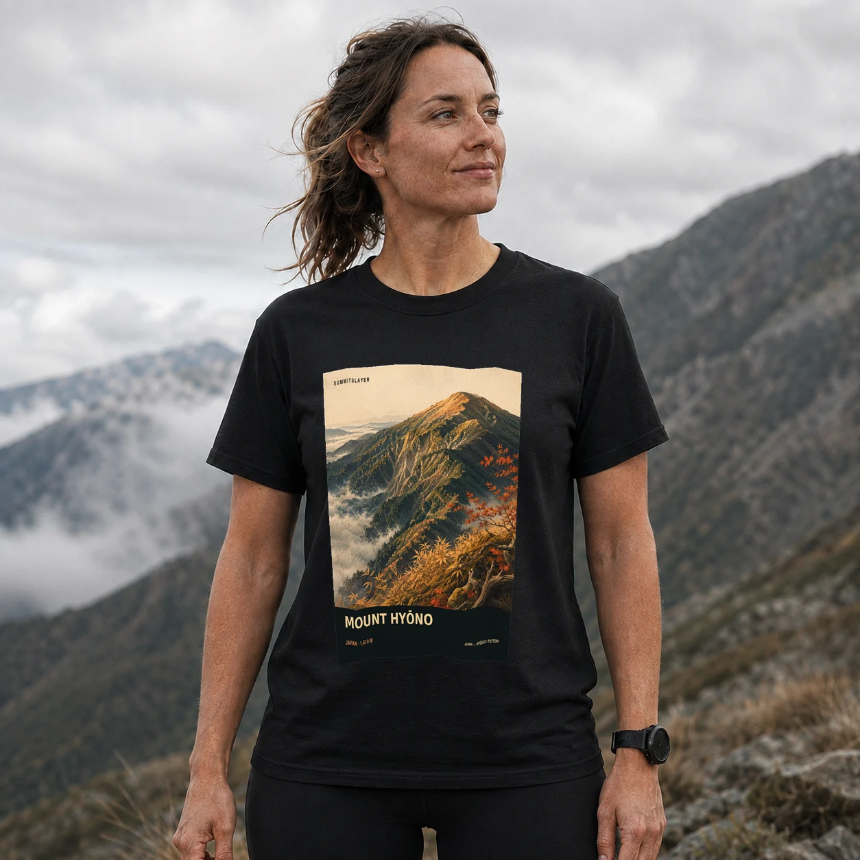 Black Hyōno-sen T-shirt front with mountain artwork