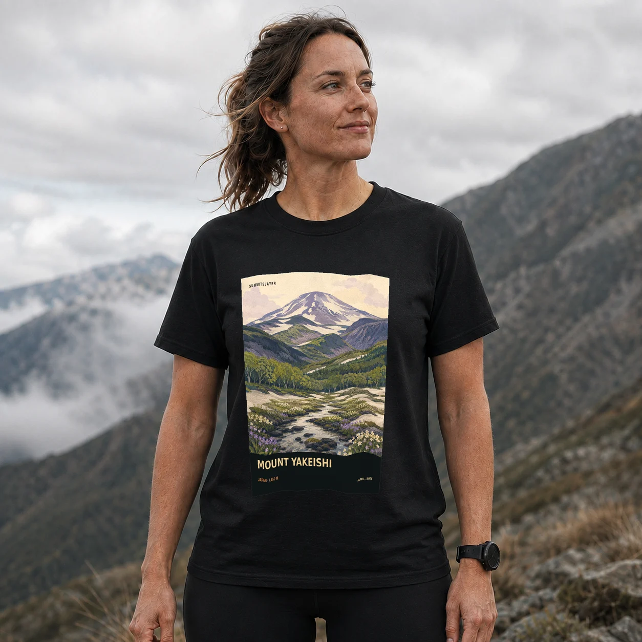 Black Yakeishi Dake T-shirt front with mountain artwork