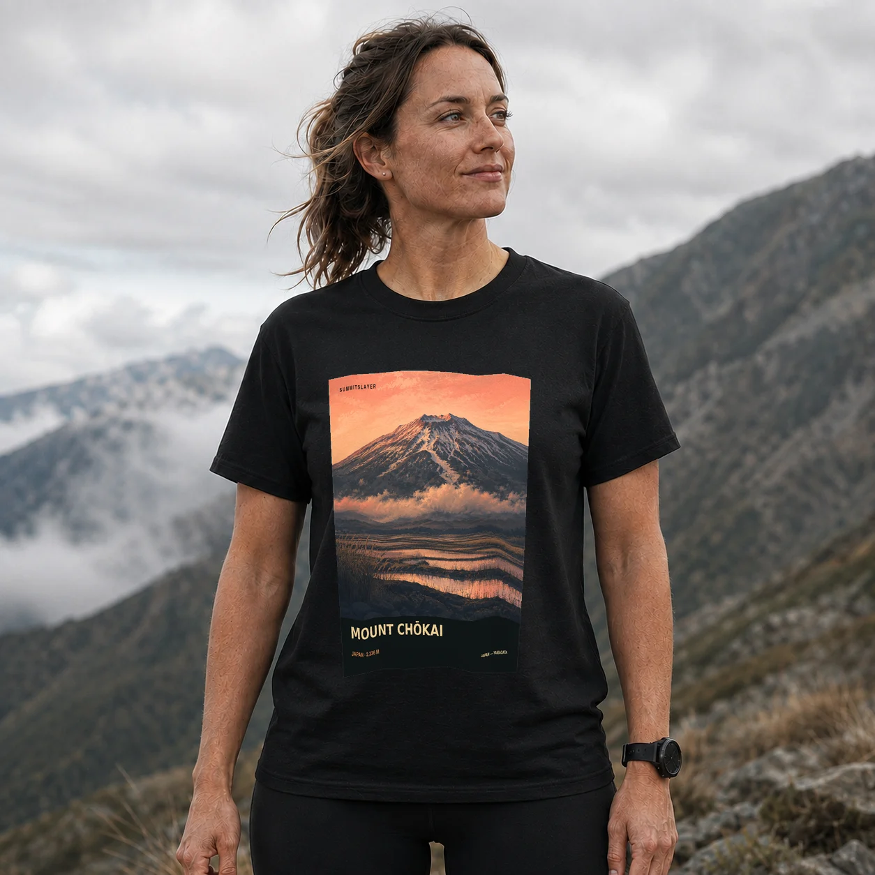 Black Chōkai-zan T-shirt front with mountain artwork