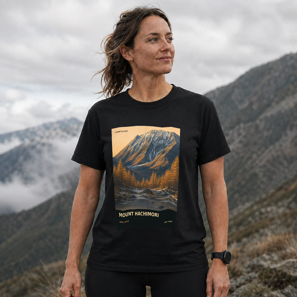 Black Hachimori-yama T-shirt front with mountain artwork