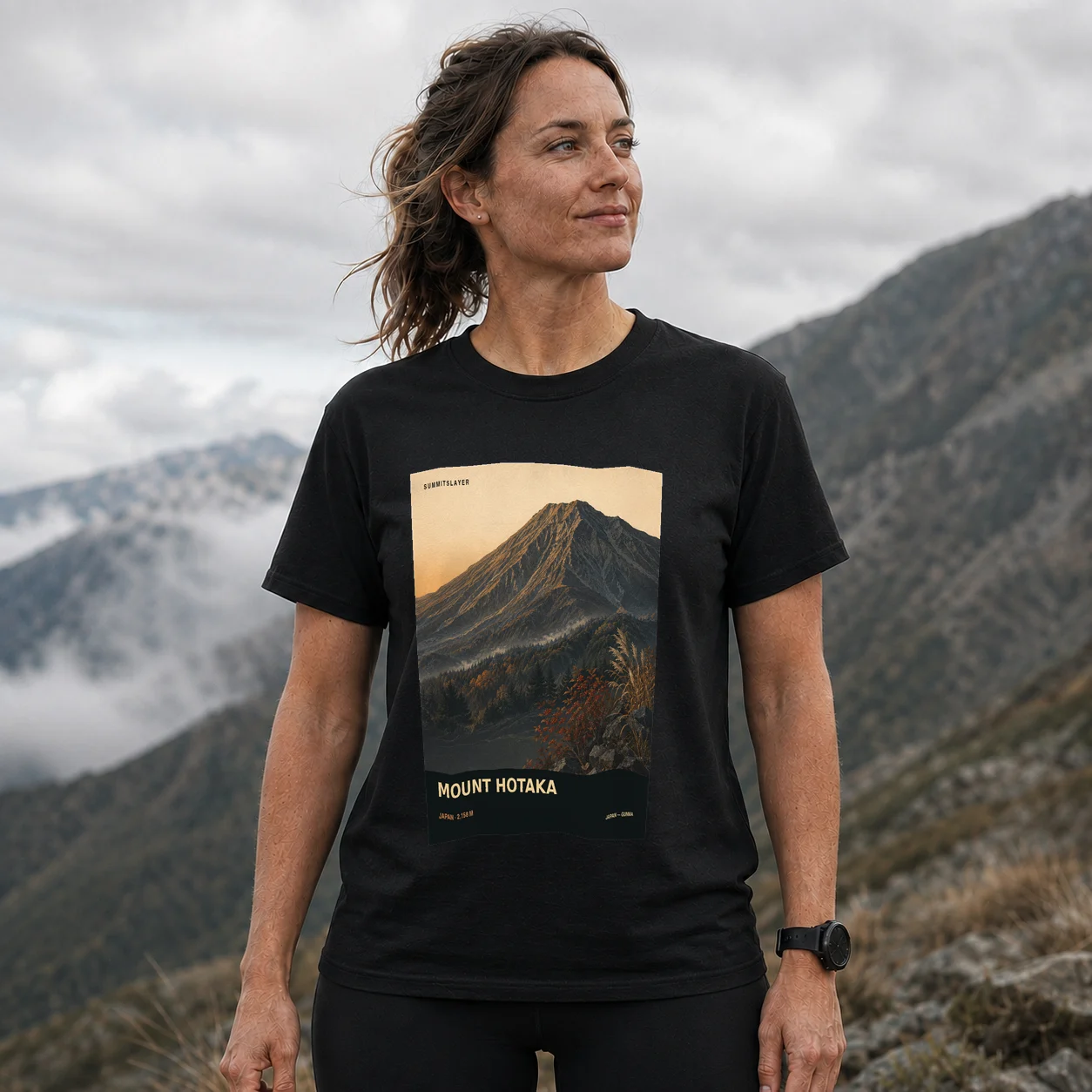 Black Hotaka Yama T-shirt front with mountain artwork