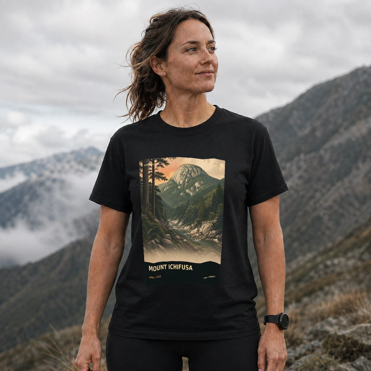 Black Ichifusa Yama T-shirt front with mountain artwork