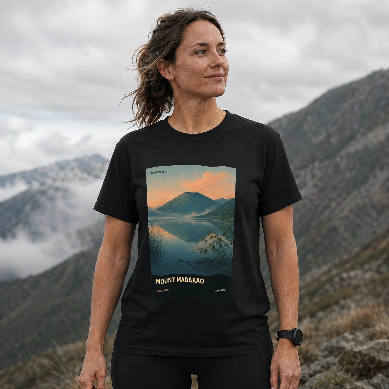 Black Madarao Yama T-shirt front with mountain artwork