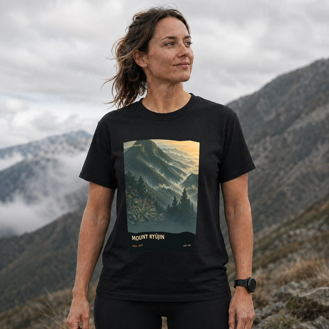Black Ryūjin Dake T-shirt front with mountain artwork