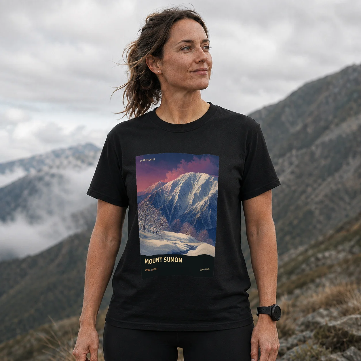 Black Sumon Dake T-shirt front with mountain artwork