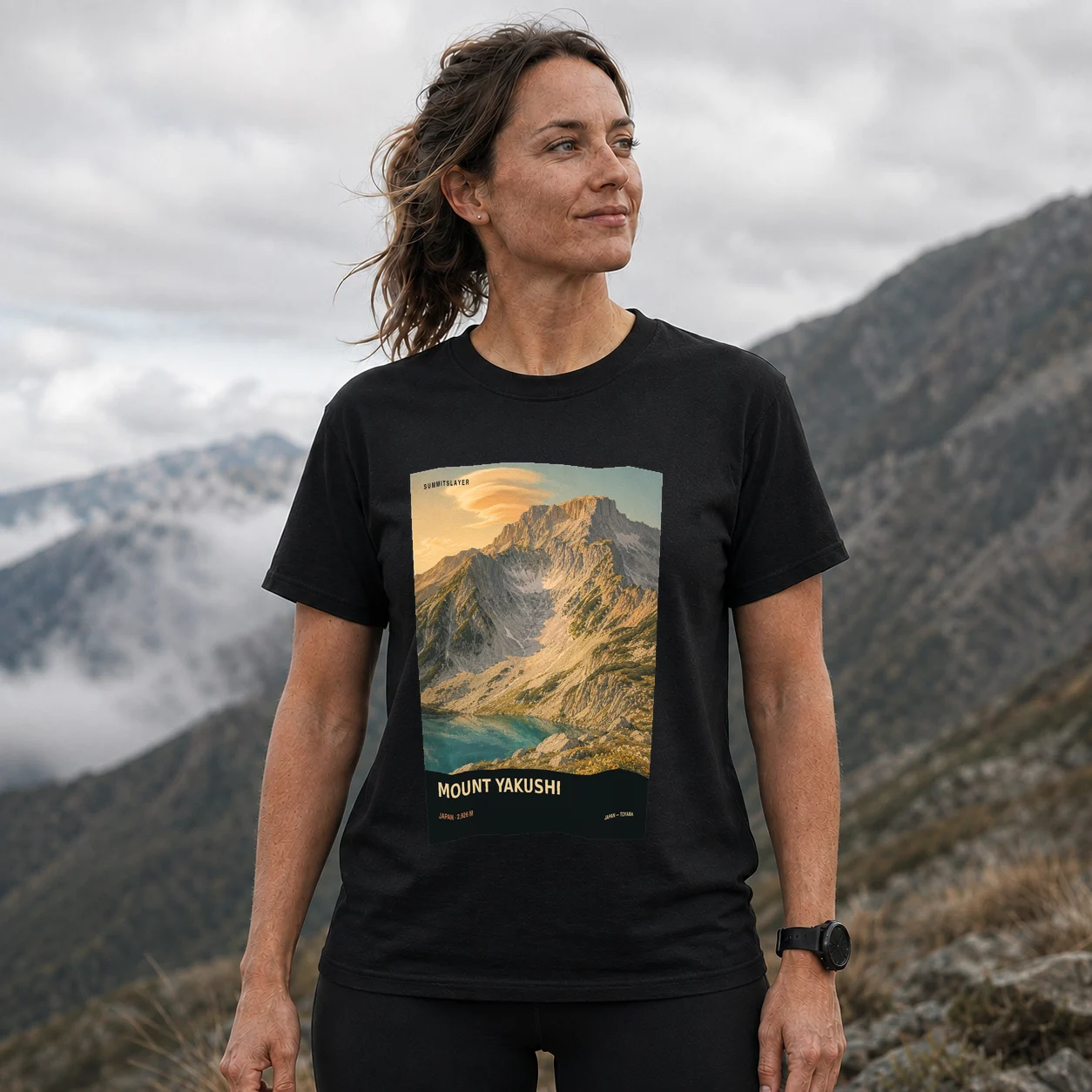 Black Yakushi-dake T-shirt front with mountain artwork