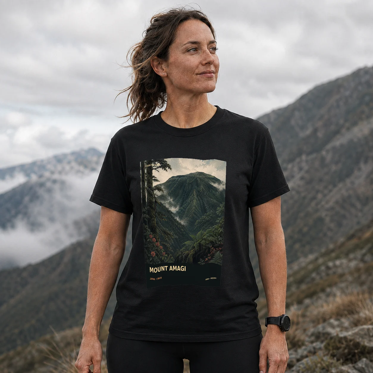 Black Banzaburō Dake T-shirt front with mountain artwork