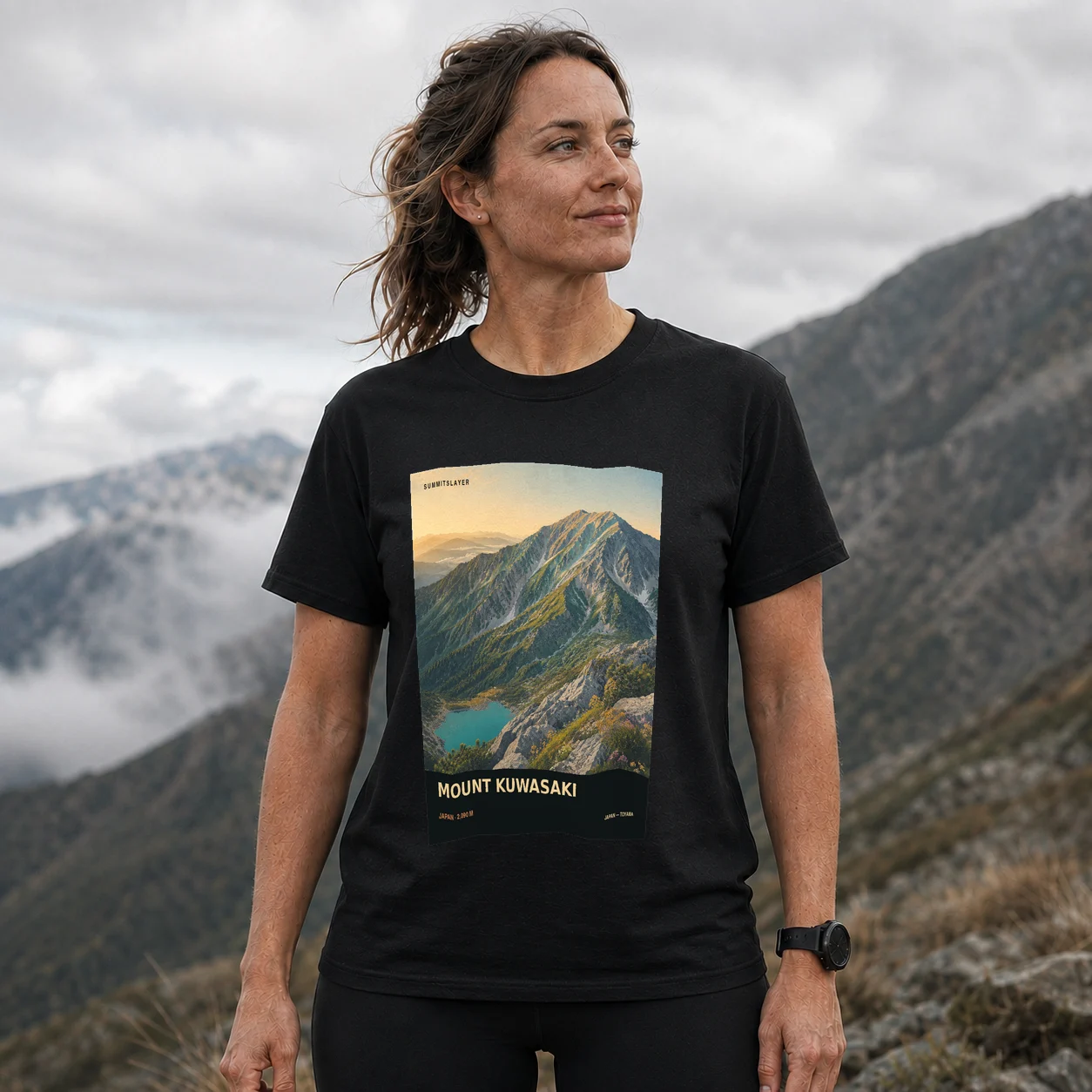 Black Kuwasaki Yama T-shirt front with mountain artwork