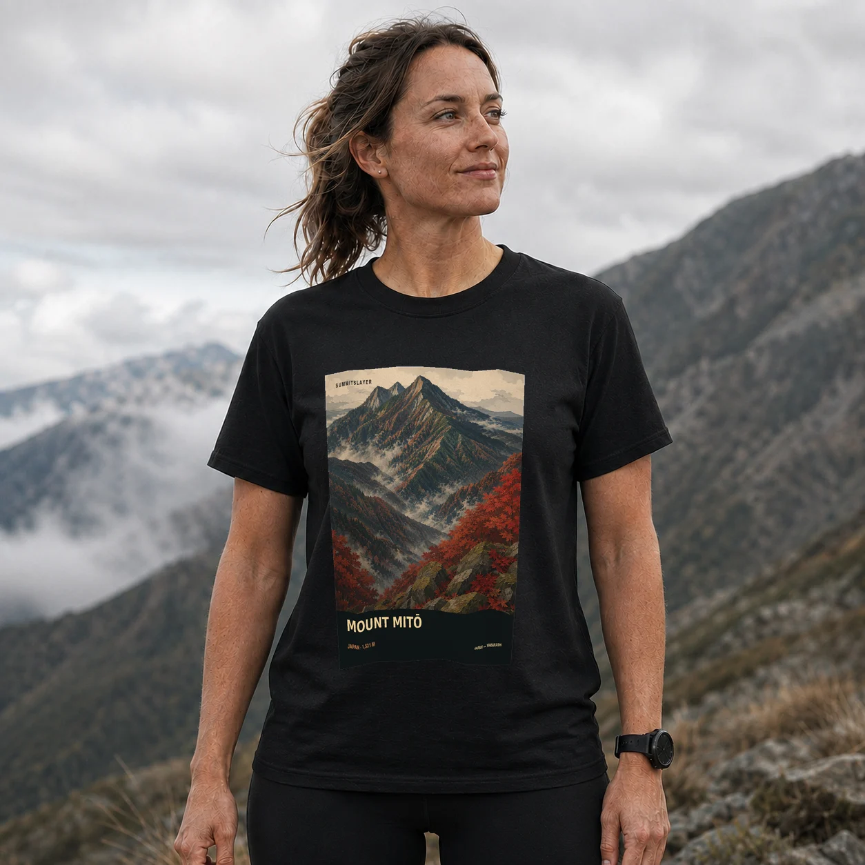 Black Mitō-yama T-shirt front with mountain artwork