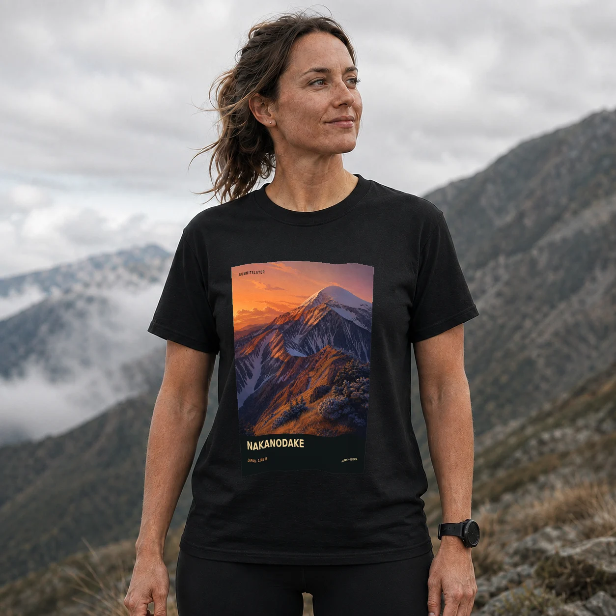 Black Nakanodake T-shirt front with mountain artwork