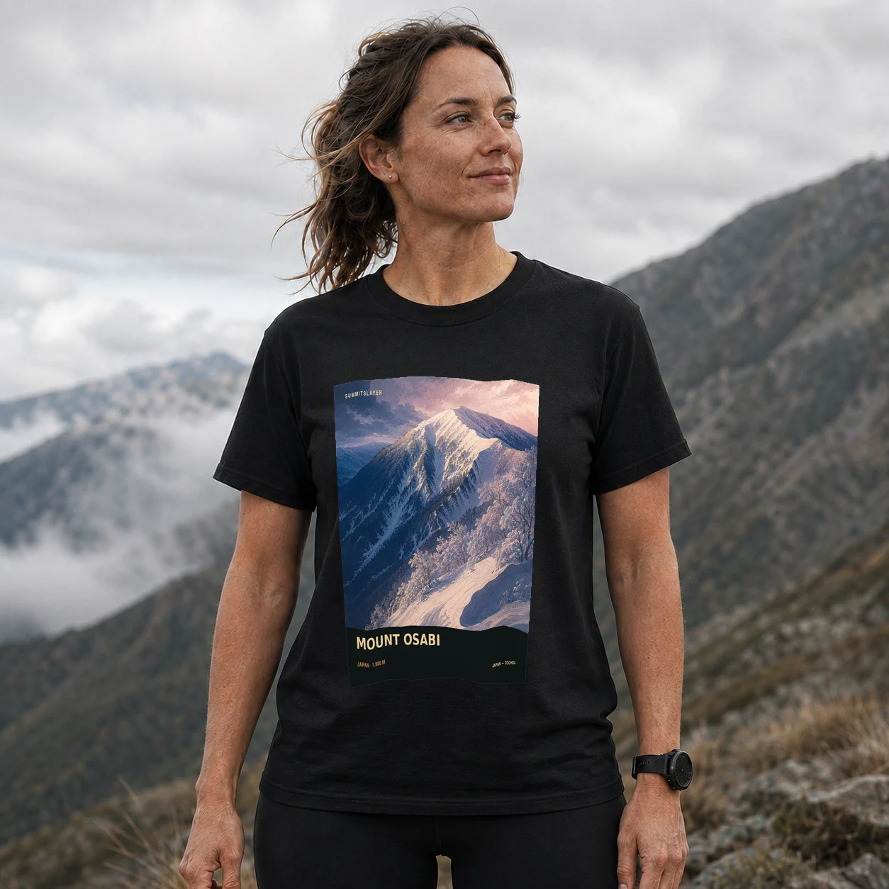 Black Ōsabi Yama T-shirt front with mountain artwork