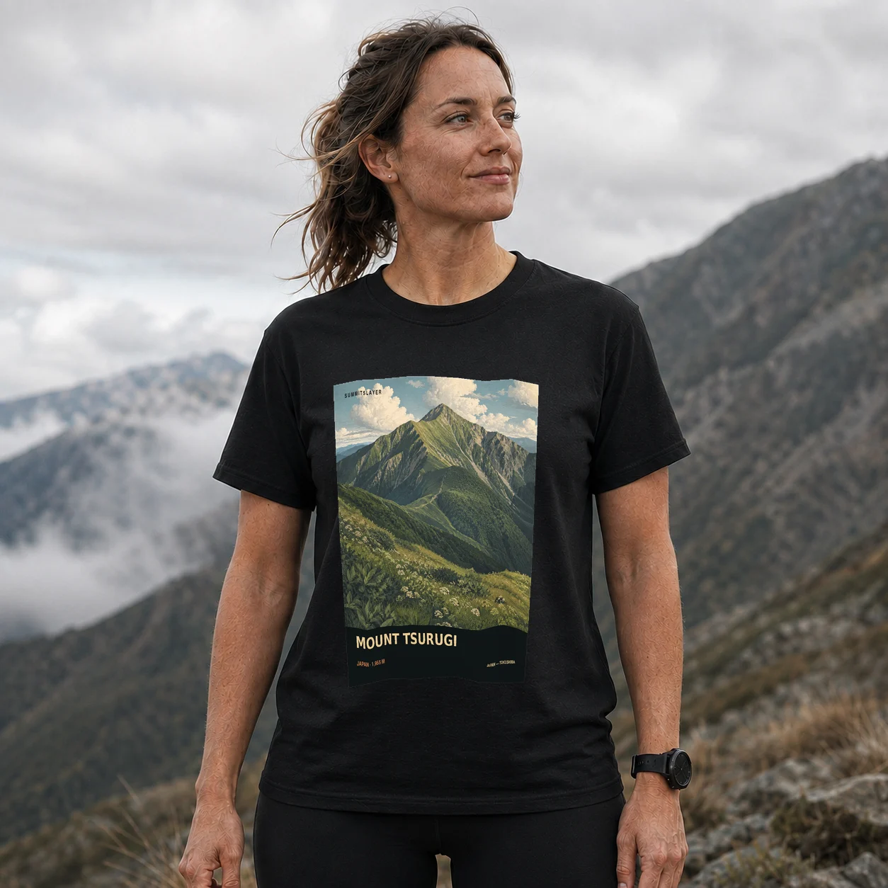 Black Tsurugi San T-shirt front with mountain artwork