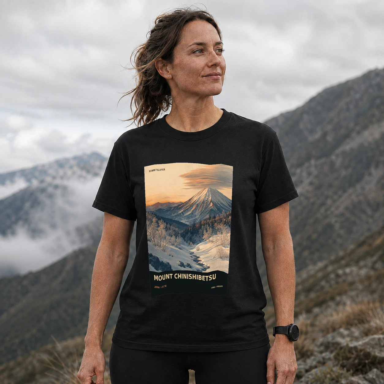 Black Chinishibetsu Dake T-shirt front with mountain artwork