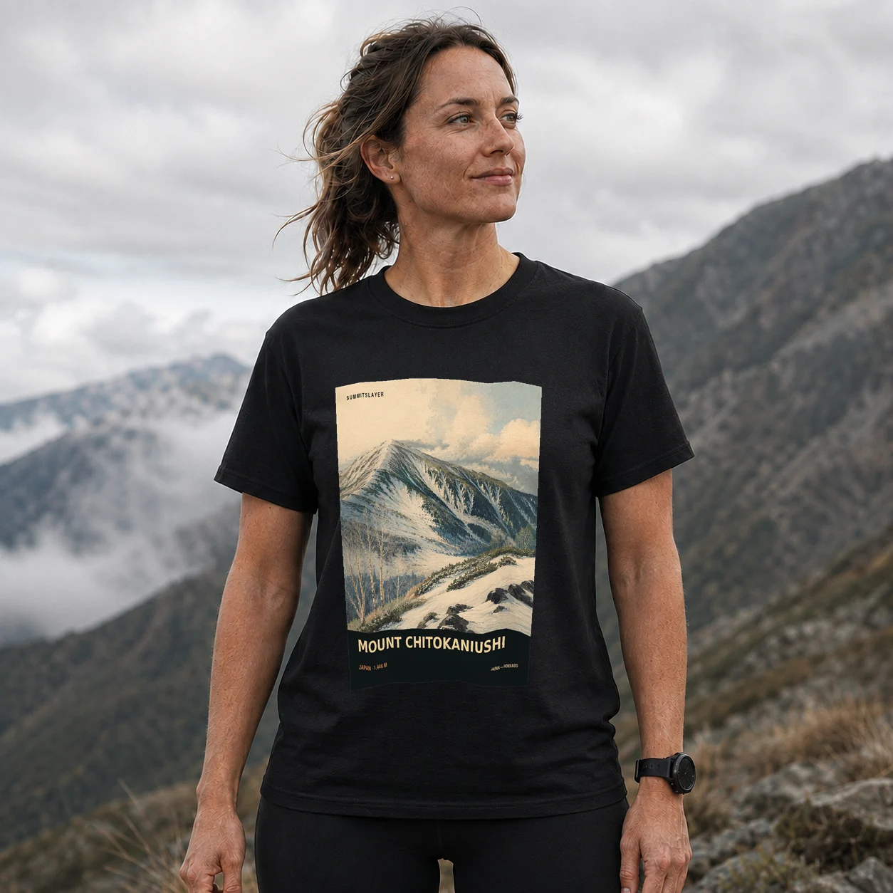 Black Chitokaniushi-yama T-shirt front with mountain artwork