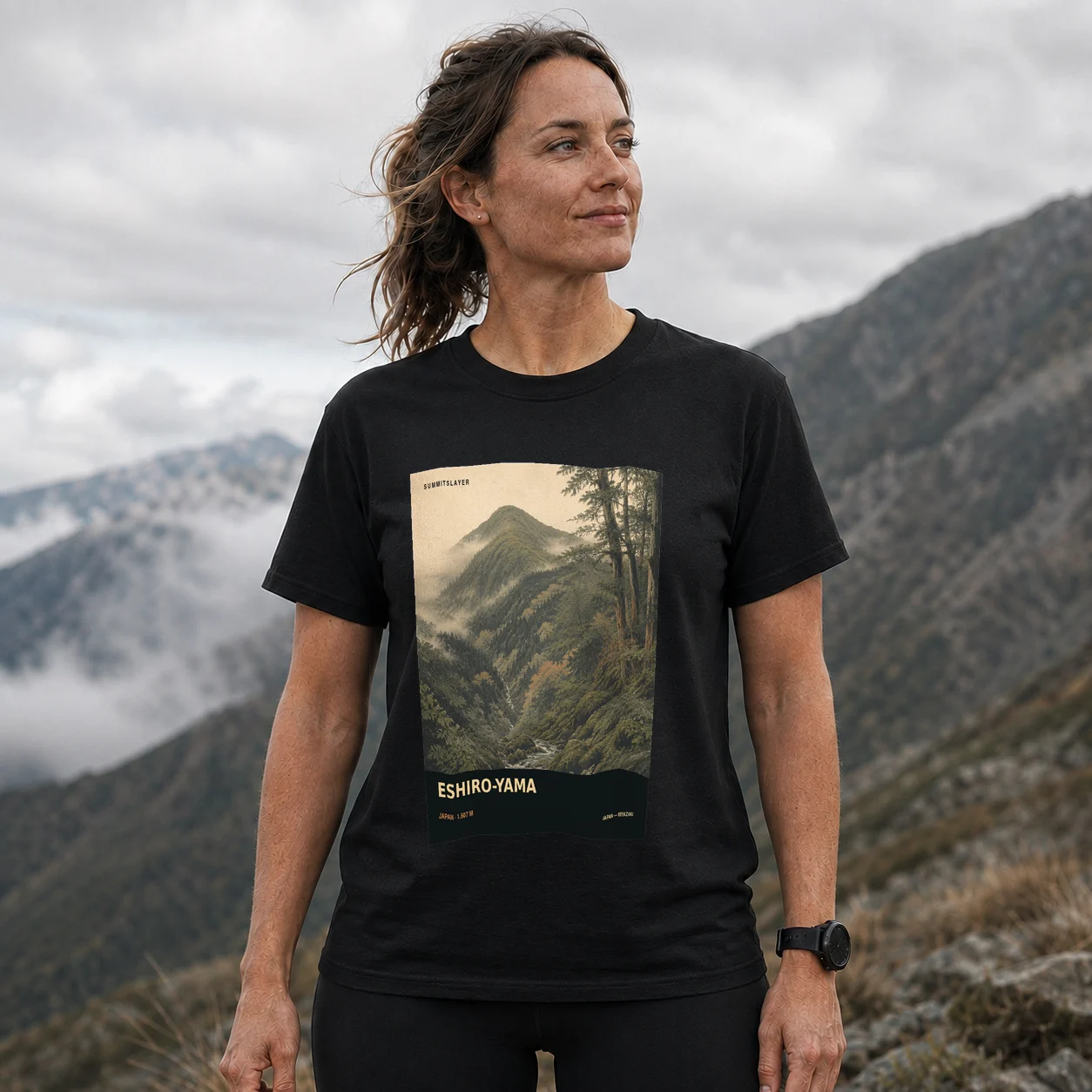 Black Eshiro Yama T-shirt front with mountain artwork