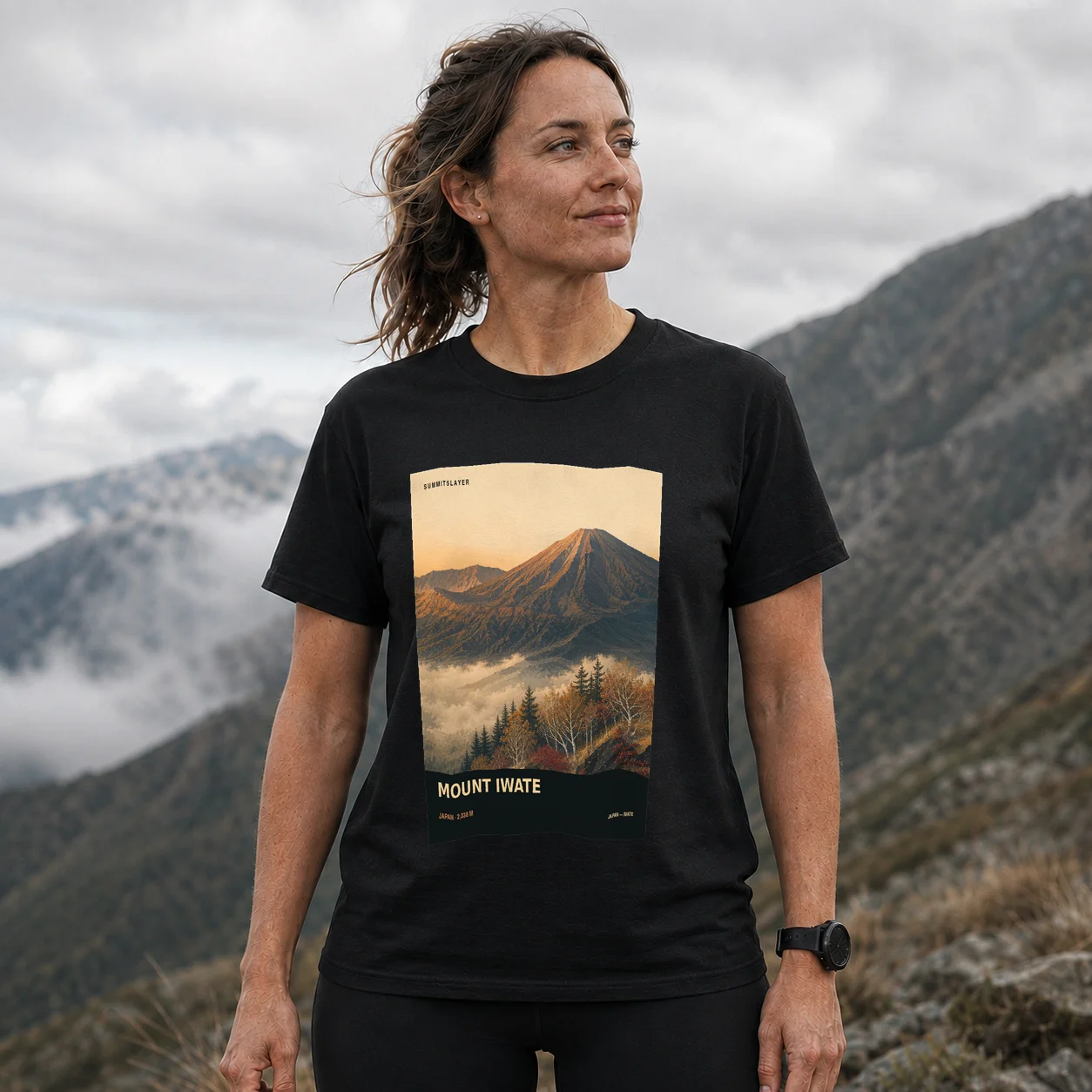 Black Iwate San T-shirt front with mountain artwork