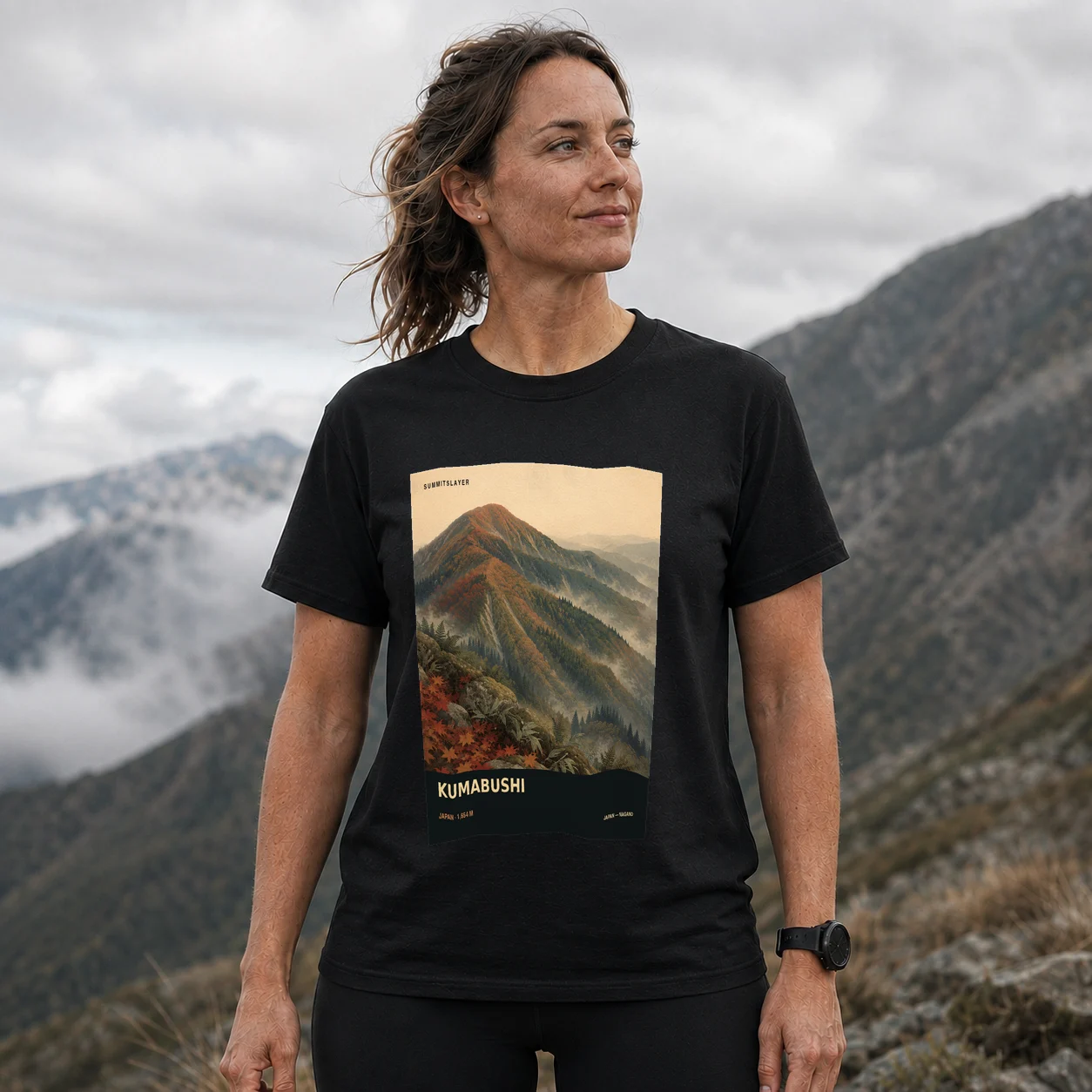 Black Kumabushi-yama T-shirt front with mountain artwork