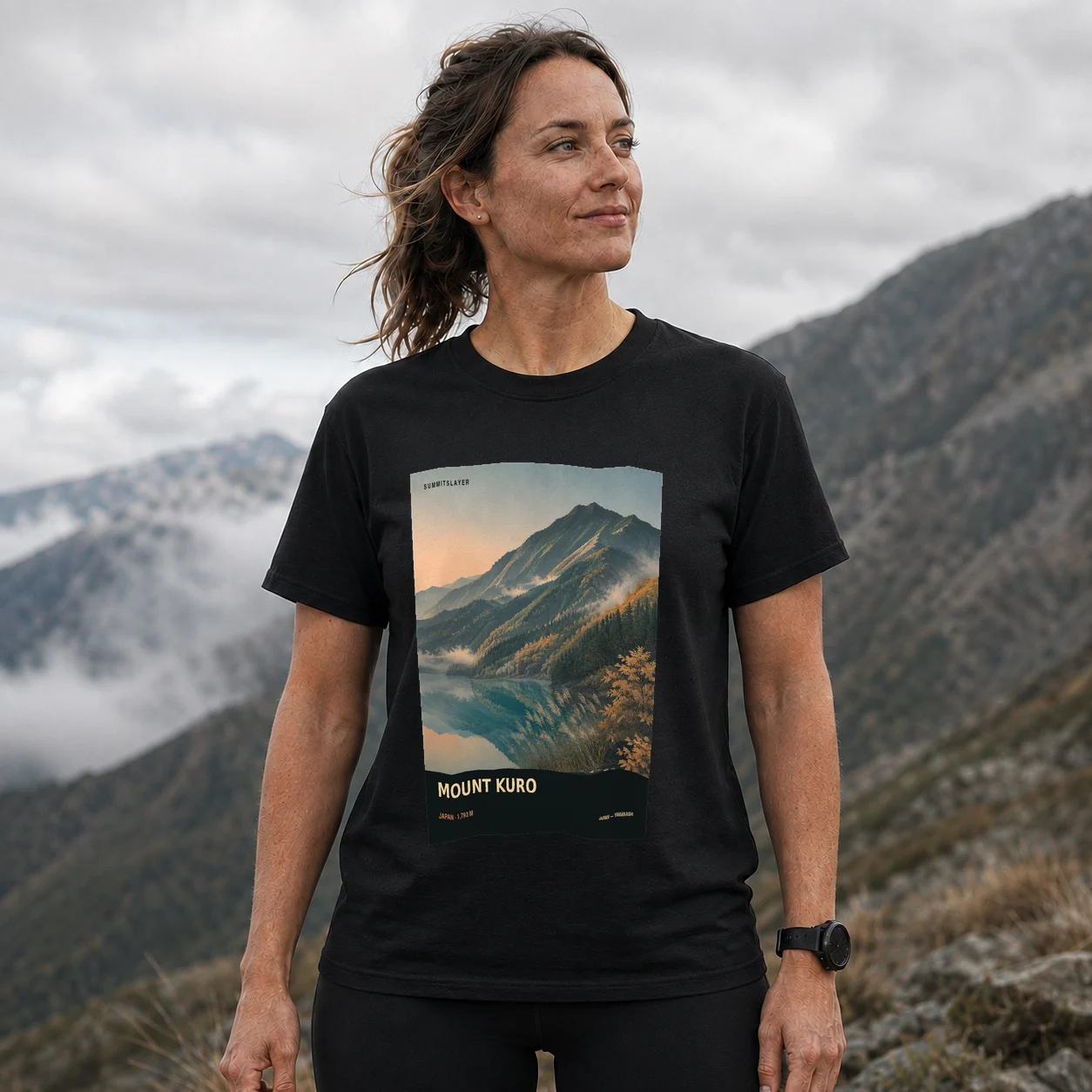 Black Kuro-dake T-shirt front with mountain artwork