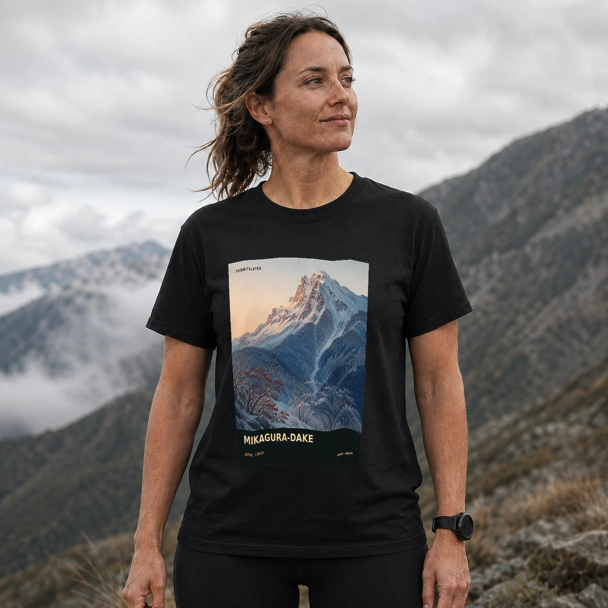 Black Mikagura Dake T-shirt front with mountain artwork