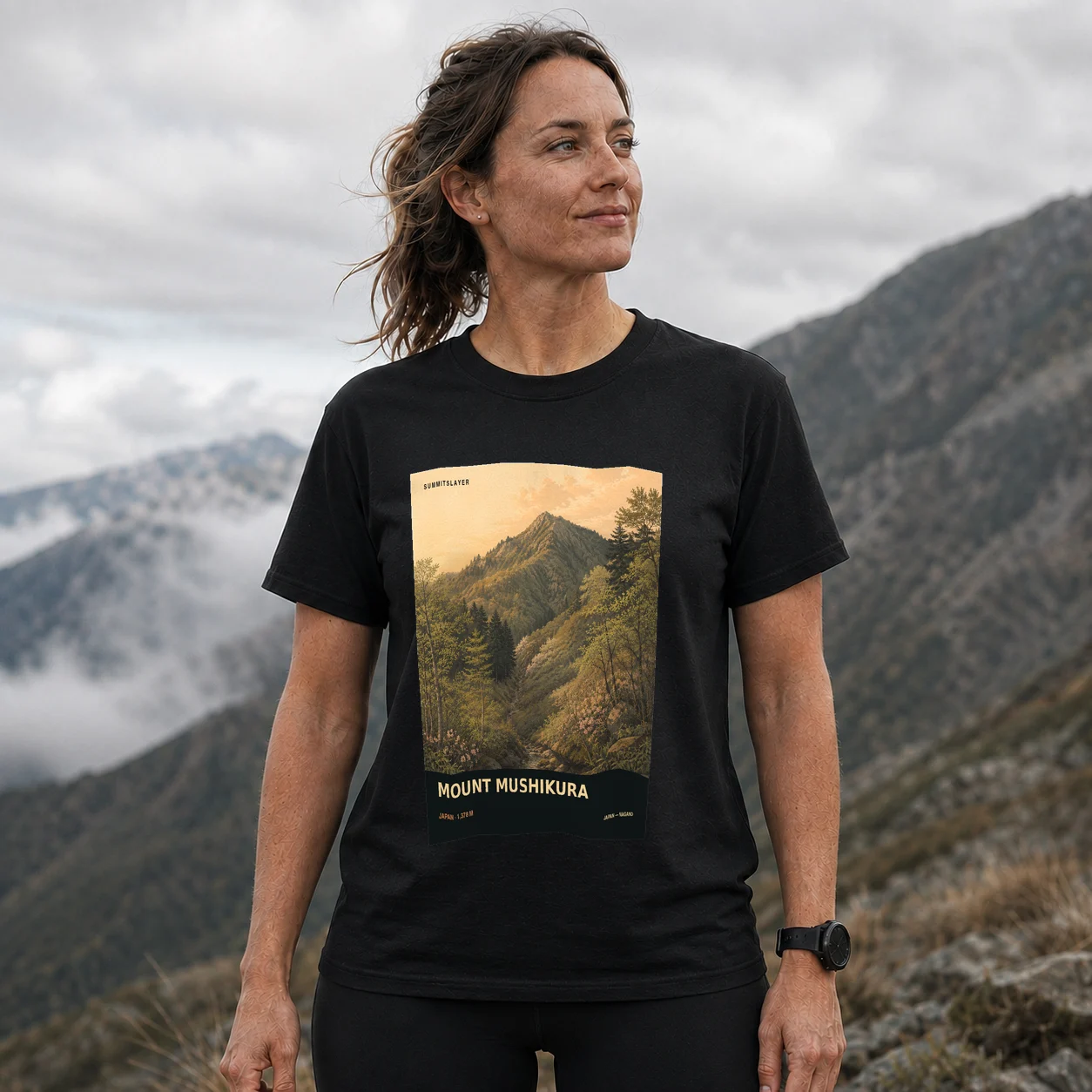 Black Mushikura Yama T-shirt front with mountain artwork
