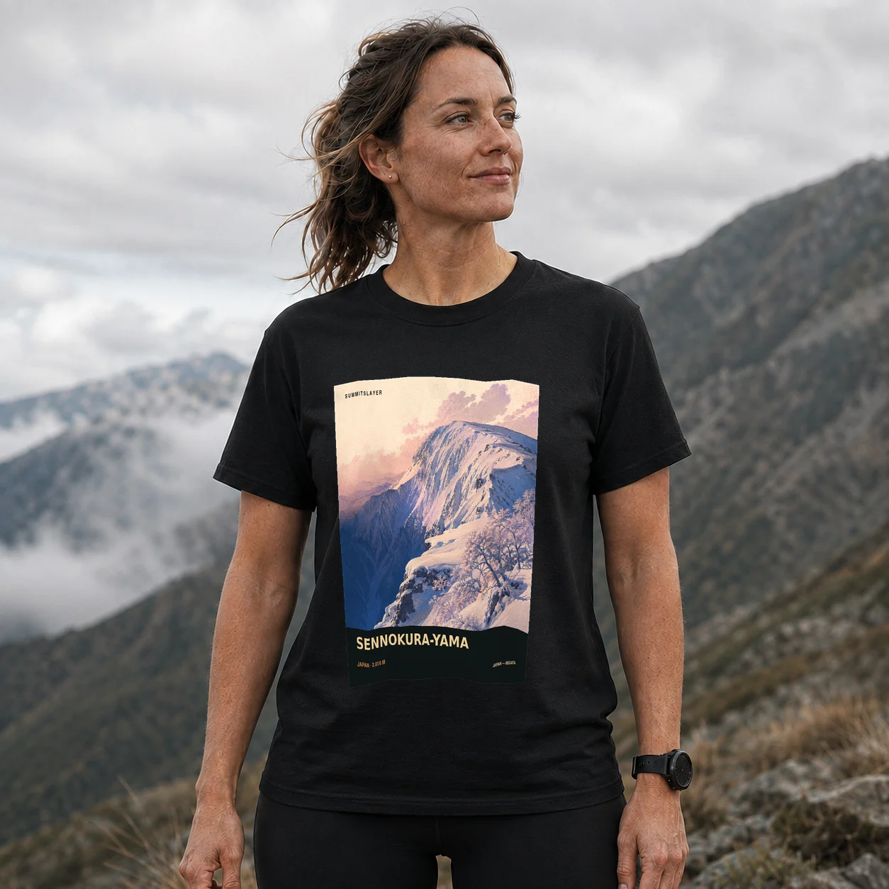 Black Sennokura Yama T-shirt front with mountain artwork