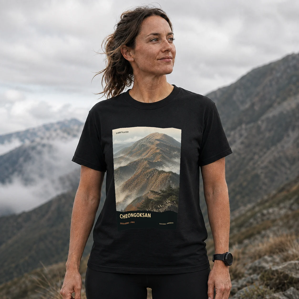 Black Ch’ŏngok-san T-shirt front with mountain artwork