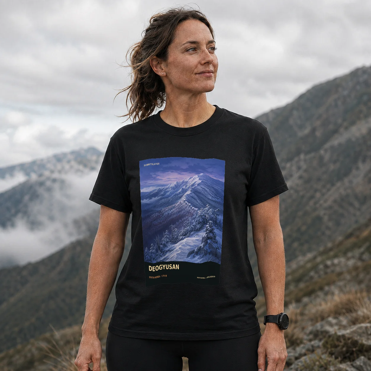 Black Chung-bong T-shirt front with mountain artwork