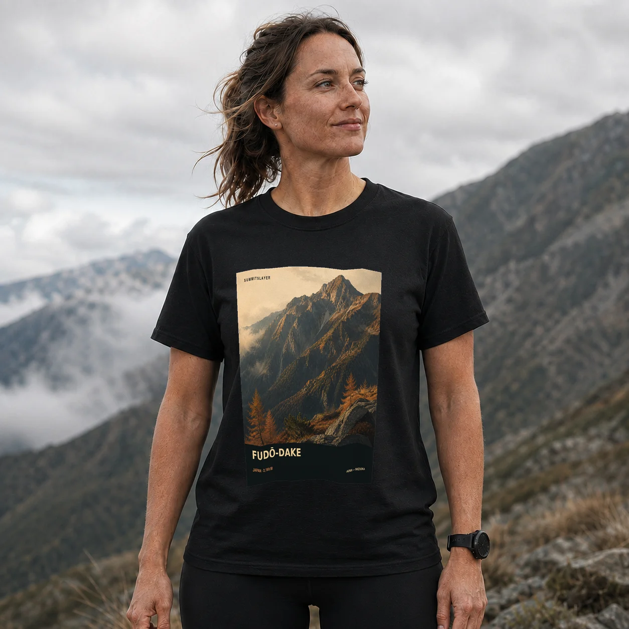 Black Fudō-dake T-shirt front with mountain artwork