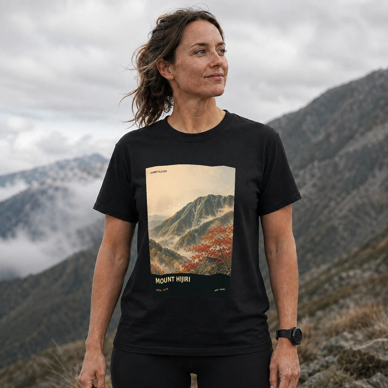 Black Hijiri Yama T-shirt front with mountain artwork