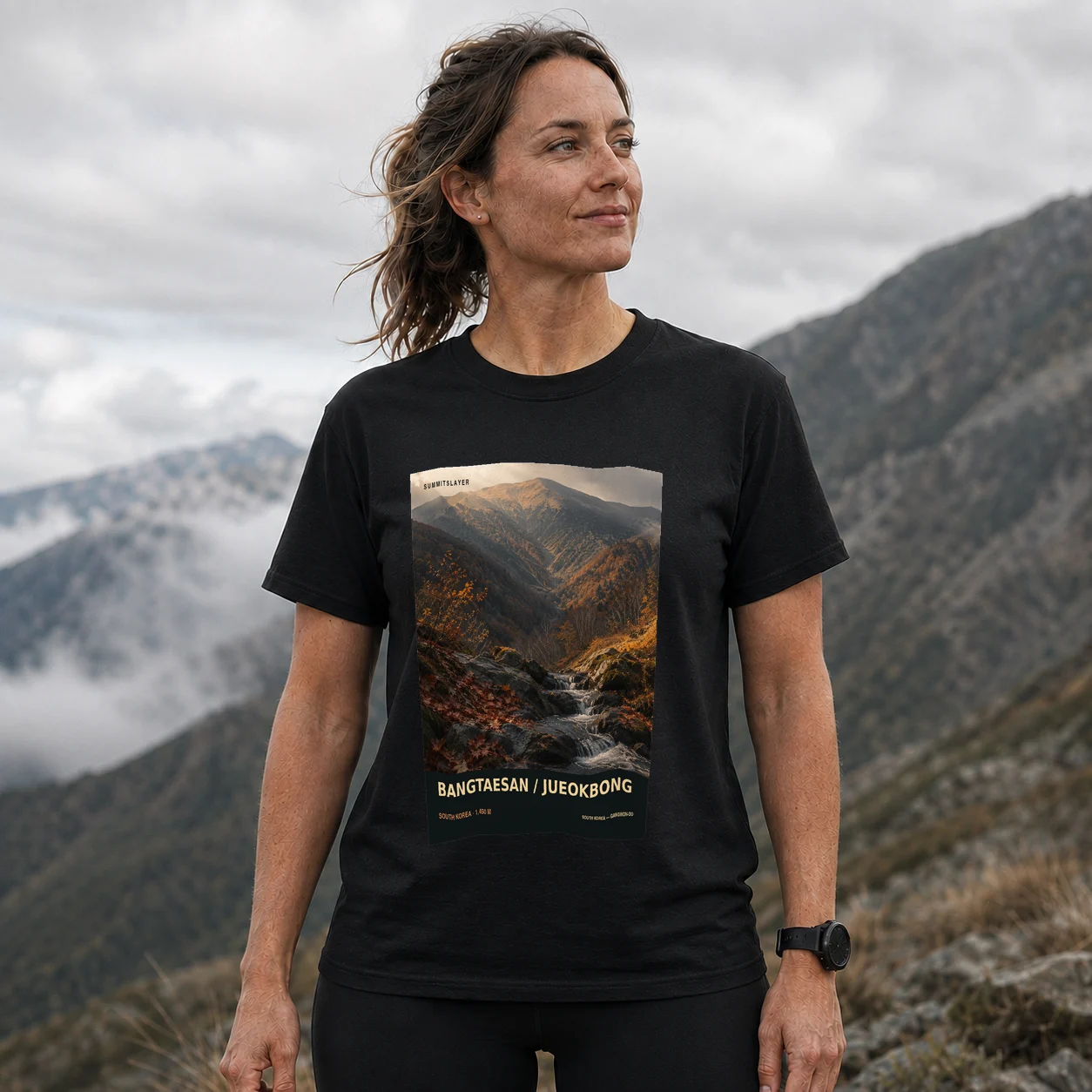 Black Jueokbong T-shirt front with mountain artwork