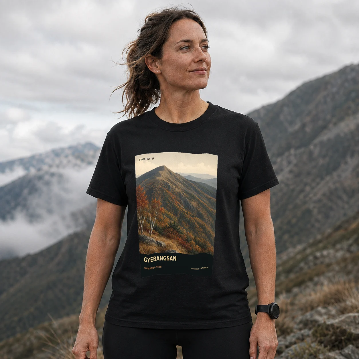 Black Kyebang-san T-shirt front with mountain artwork