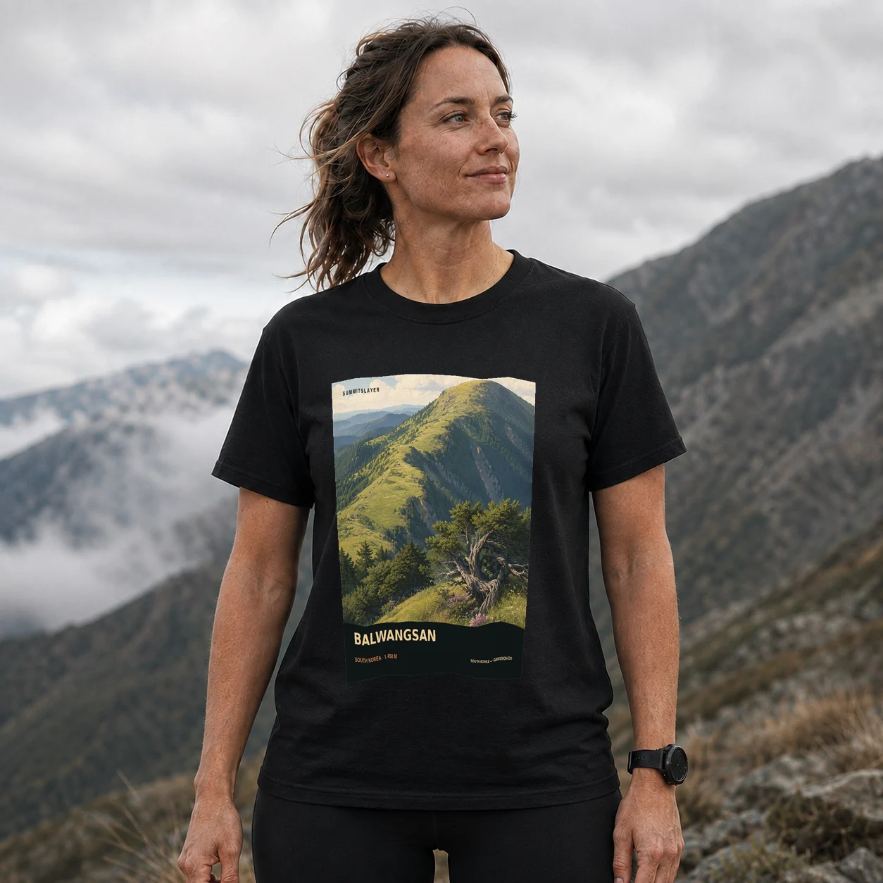 Black Parwang-san T-shirt front with mountain artwork