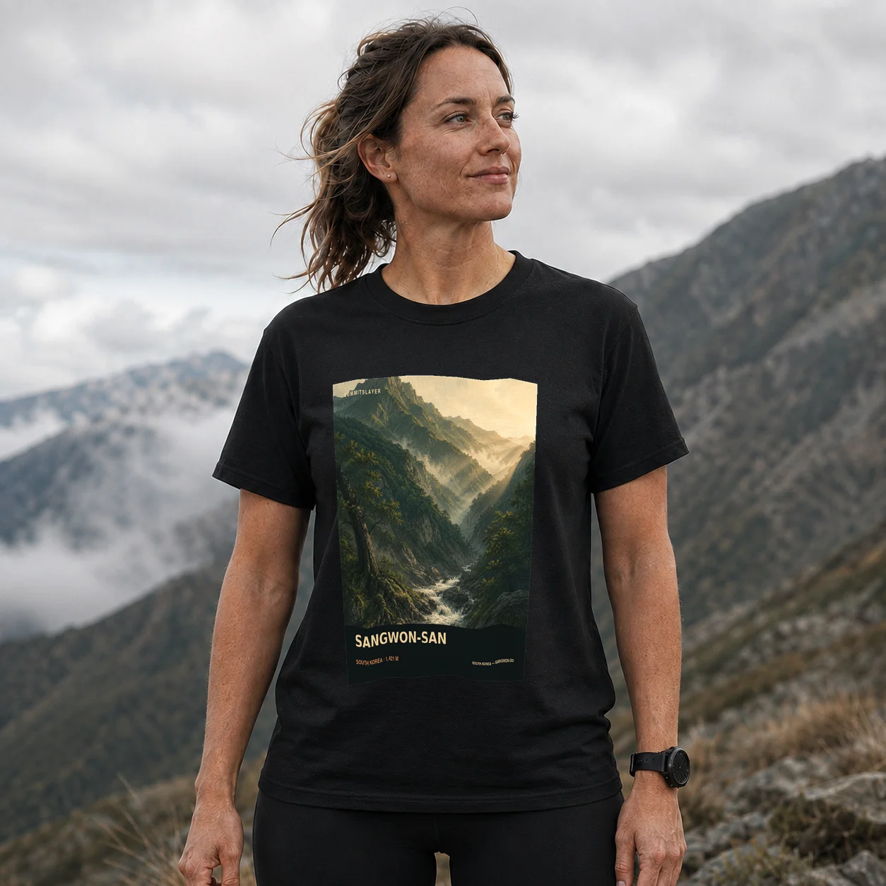 Black Sangwŏn-san T-shirt front with mountain artwork