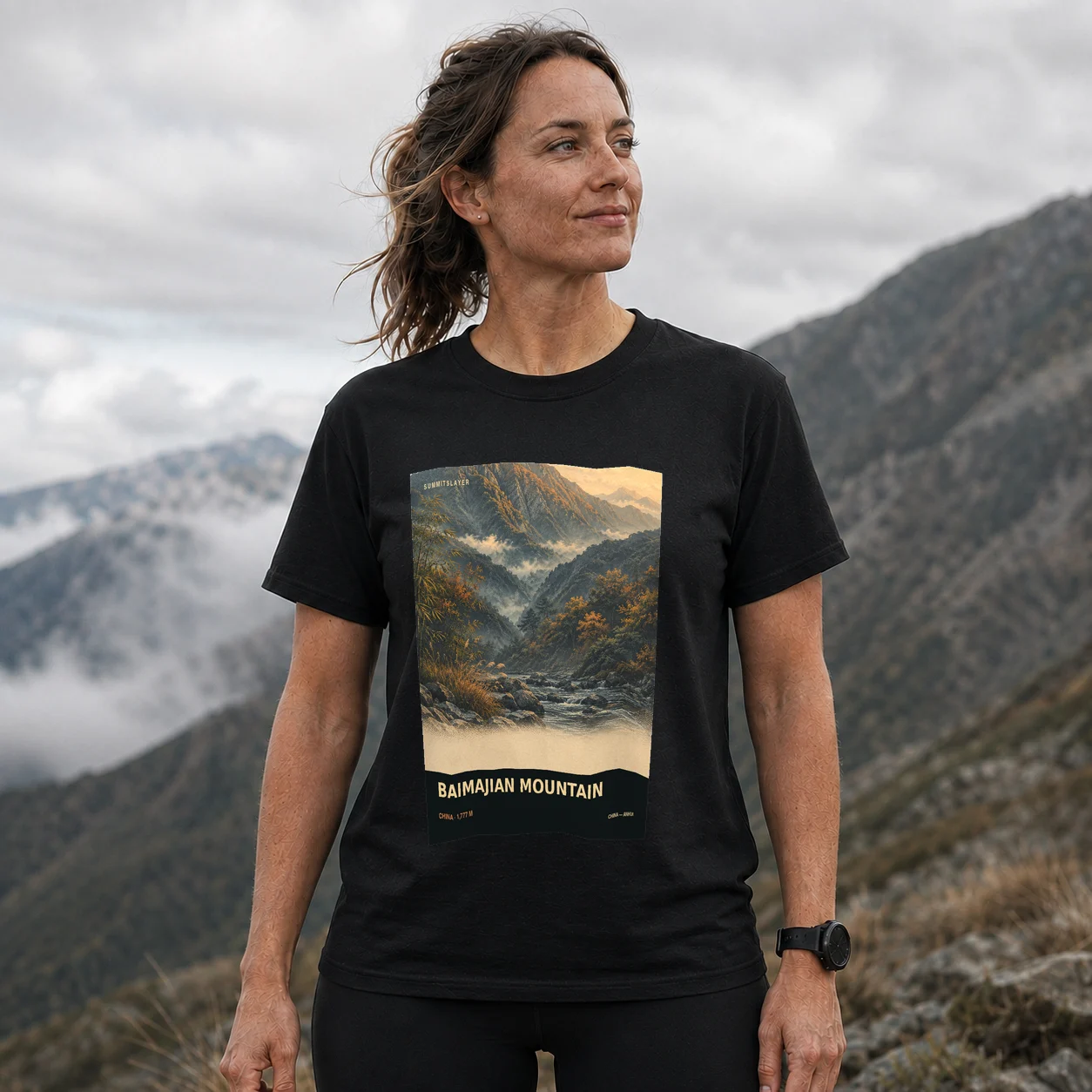 Black Baima Jian T-shirt front with mountain artwork